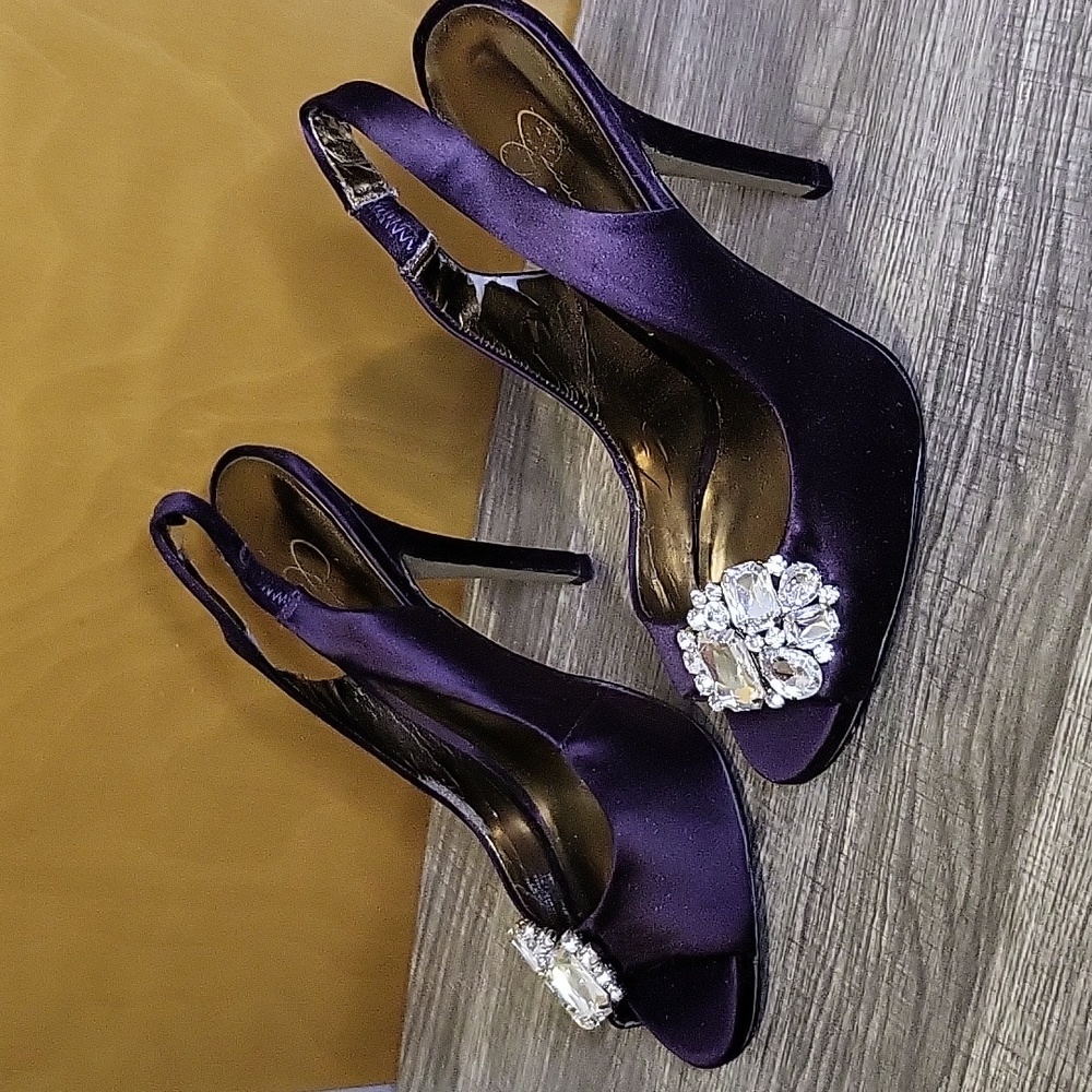 Womens Purple Satin Open-Toe Slingback Heels